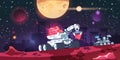 Alien colony. Cartoon red planet base with si-fi exploration transport. Space discovery mission. Cosmic robots explore