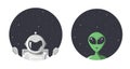 Alien and cosmonaut looks at us through the round hole of space with stars. Extraterrestrial and astronaut in flat cartoon style Royalty Free Stock Photo