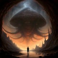 Intricate Portrait Of Alien In Rhads Style Standing In Front Of Cave Royalty Free Stock Photo