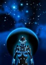 Alien cyborg in a dark sky, in the background a planet, a nebula and many bright stars, 3d illustration