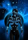 Alien cyborg in a dark sky, in the background a planet, a nebula and many bright stars, 3d illustration