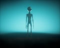 Alien on dark foggy background. Unknown and ufo concept