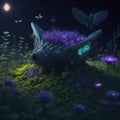 Alien Dark Forest With Glowing Neon Lights Plants And Flowers Fantasy Structure With Butterfies Night Generative Ai Royalty Free Stock Photo