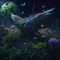 Alien Dark Forest With Glowing Neon Lights Plants And Flowers Fantasy Structure With Butterfies Night Generative Ai Royalty Free Stock Photo