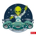 Alien dj character in outer space. Cute green extraterrestrial humanoid with futuristic vinyl record turntable. Comic style vector Royalty Free Stock Photo