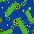 Alien dog green cartoon pattern seamless. UFO pet background. Baby fabric texture Royalty Free Stock Photo