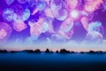 A alien dream concept. Of a misty rural sunrise with glowing neon jellyfish floating in the blue sky above Royalty Free Stock Photo
