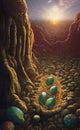 Alien eggs in a cave in retro scifi style