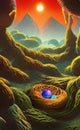 Alien eggs in a cave in retro scifi style
