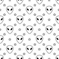 Alien face and stars black and white seamless pattern