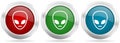 Alien face vector icon set. Red, blue and green silver metallic web buttons with chrome border
