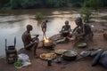 alien family, fishing and cooking their catch for dinner on riverbank