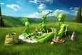 alien family picnicking on lush green meadow
