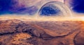 Alien fantasy landscape - planet rising over desert.