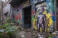 alien figure stands guard over colorful graffiti mural on abandoned building