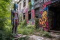 alien figure stands guard over colorful graffiti mural on abandoned building