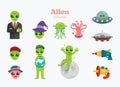 Alien flat set. Green alien element symbols and objects collection. Vector Illustration
