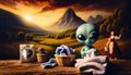 Alien folding laundry with a washing machine in a fantasy landscape