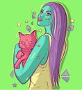 Alien funky woman with green skin holding a pink cat in her arms. Conceptual art of a young creature girl and her pet Royalty Free Stock Photo
