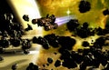 Spaceship crossing an asteroid  belt Royalty Free Stock Photo