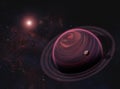 Alien Gas Giant Planet with Rings and Red Moon on Nebula Background. Elements of this image furnished by NASA.