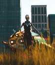 Alien girl visiting an abandoned city