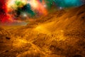 Alien golden landscape, a panorama of a surface of another planet