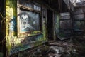 alien graffiti mural on abandoned building, with broken windows and peeling paint