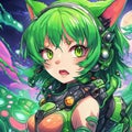 alien green cat girl, aggressive animal, aliens,