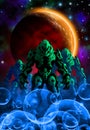 Alien green robots Patrol, invading a Planet, 3d illustration