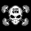 Alien gym. Alien head with crossed barbells. Design for poster, banner, t shirt, emblem. Vector illustration