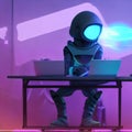 Alien hacker in a dream-like setting typing on laptop