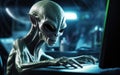 alien hacker at a laptop cracking a digital code. cyber attacks. hacking digital infrastructure.