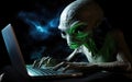 alien hacker at a laptop cracking a digital code. cyber attacks. hacking digital infrastructure.