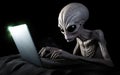 alien hacker at a laptop cracking a digital code. cyber attacks. hacking digital infrastructure.