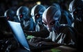 alien hacker at a laptop cracking a digital code. cyber attacks. hacking digital infrastructure.