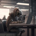 Alien hacker sitting at a cafe on their laptop. Ai generated.