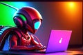 Alien hacker in a surreal landscape with laptop