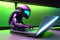 Alien hacker in a surreal landscape with laptop