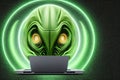 Alien hacker typing on laptop in a strange world