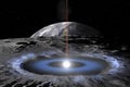 Alien hatch in the crater of the moon and laser beam directed towards the earth. Sci fi landscape.