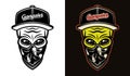 Alien head in baseball cap and bandana on face two styles black on white and colorful on dark background vector