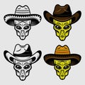 Alien heads in sombrero and cowboy hat set of vector objects or design elements it two styles black and colorful Royalty Free Stock Photo