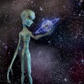 Alien holding ringed planet Royalty Free Stock Photo