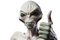 Alien humanoid shows thumb up gesture on white background. Generative AI Royalty Free Stock Photo