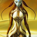 Alien humanoid woman in a skintight brown suit AI sci-fi