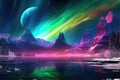 alien ice planet illuminated by a colorful aurora