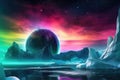 alien ice planet illuminated by a colorful aurora