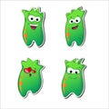 Alien inhabitants. Green jelly monsters. A set of stickers is smiling, laughing, in love, embarrassed. Cartoon cute
