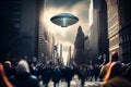 Alien invasion UFO panic among people. Flying saucer in the city Royalty Free Stock Photo